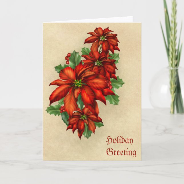Vintage Style Red Poinsettia Christmas Flowers Holiday Card (Front)