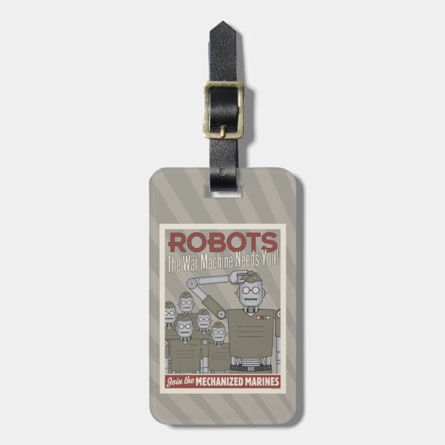 Vintage Style Robot Military Propaganda Luggage Tag (Front Vertical)