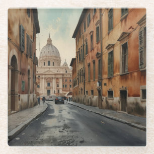 Vintage Style Rome Italian Travel Watercolor Glass Coaster