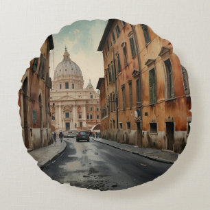 Vintage Style Rome Italian Travel Watercolor Round Cushion