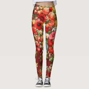 Vintage Style Roses Art Garnet Red Leggings