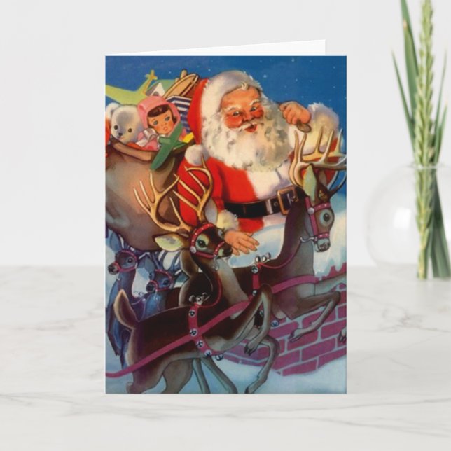 Vintage Style Santa & Reindeer & Toys Holiday Card (Front)