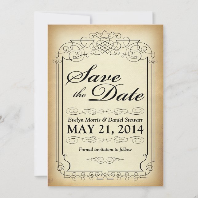Vintage Style Scroll Save the Date Card (Front)