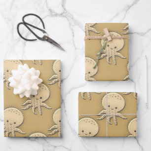 Vintage Style Sepia Baby Octopus Pattern Wrapping Paper Sheet