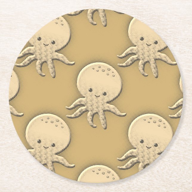 Vintage Style Sepia Baby Octopus Round Paper Coaster (Front)