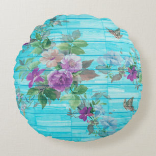 Vintage Style Shabby Chic Florals On Blue Round Cushion