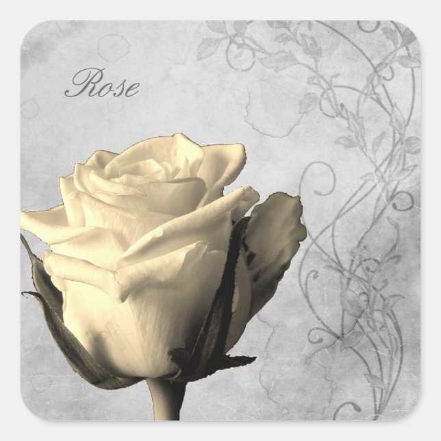 Vintage Style Single Rose Shabby Square Sticker (Front)