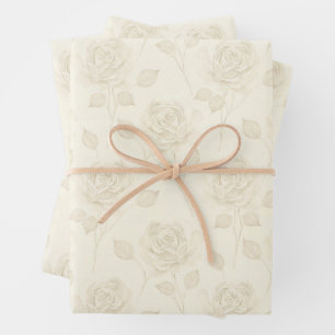 Vintage style single stems roses in ivory shades wrapping paper sheet