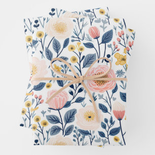Vintage Style Small Pink Blue Yellow Flowers Cotta Wrapping Paper Sheet