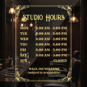 Vintage Style Store Hours Sign. Ornate Gold Frame Window Cling
