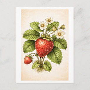 Vintage-Style Strawberry Botanical Illustration Postcard