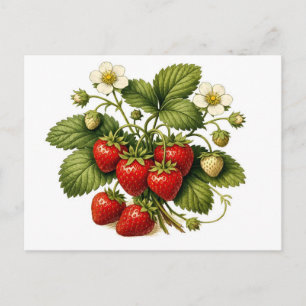Vintage Style Strawberry Plant with Ripe Berries  Postcard