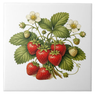 Vintage Style Strawberry Plant with Ripe Berries Tile