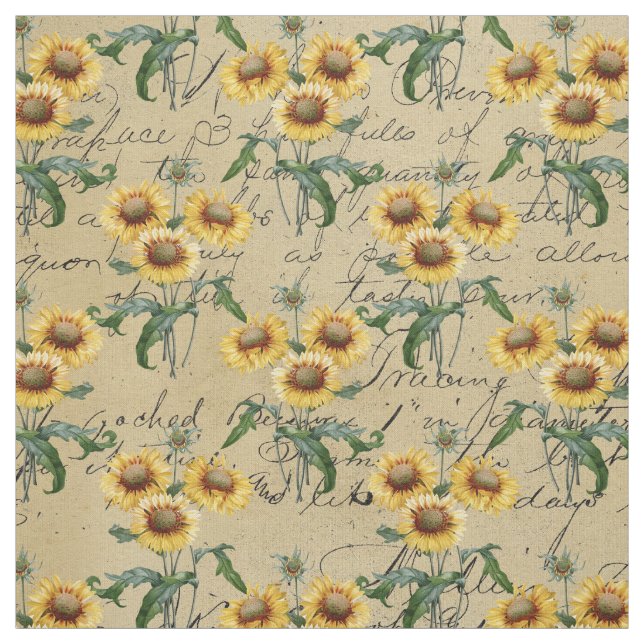 Vintage Style Sunflower Bunches and Cursive Fabric (Swatch)