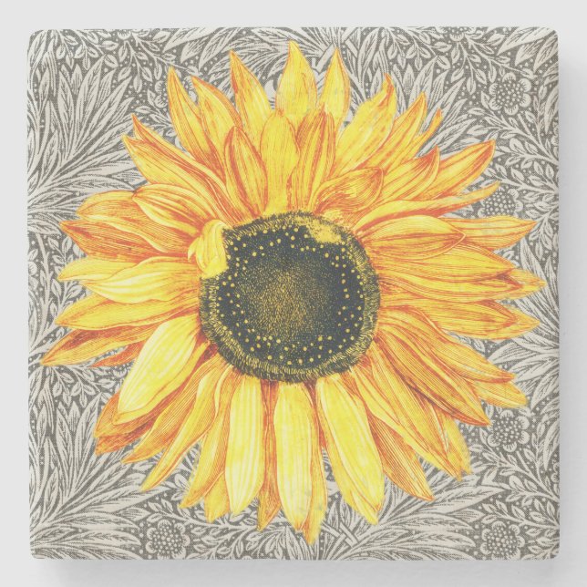 Vintage Style Sunflower Flower Yellow Grey Stone Coaster (Front)