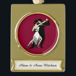 Vintage-style Tango Dancers Gold Plated Banner Ornament<br><div class="desc">Elegant stylised tango dancers against a rich burgundy background ornament. Personalise it with your own text.</div>
