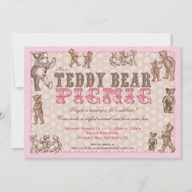 Vintage Style Teddy Bear Picnic Invitation - Pink (Front)
