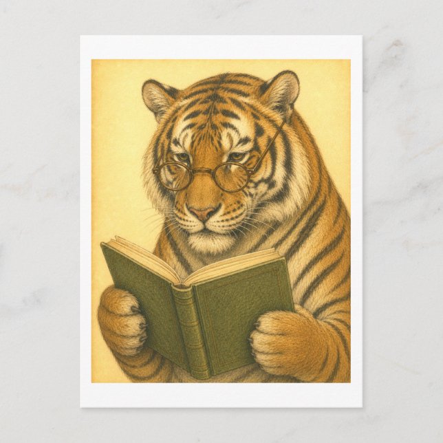Vintage-Style Tiger Reading Postcard (Front)