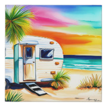 Vintage Style Travel Trailer on a Serene Beach
