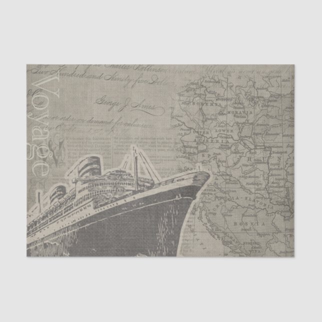 Vintage Style Voyage Ship and Map Tissue Paper (Front)