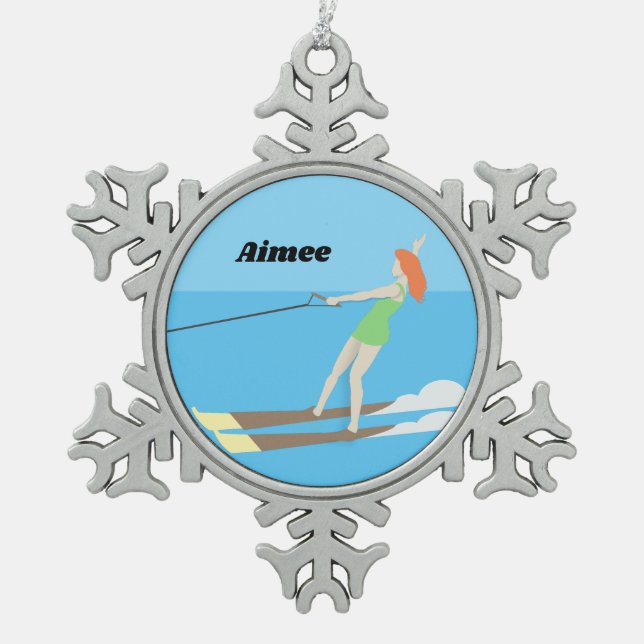 Vintage-style Waterski Snowflake Pewter Christmas Ornament (Front)
