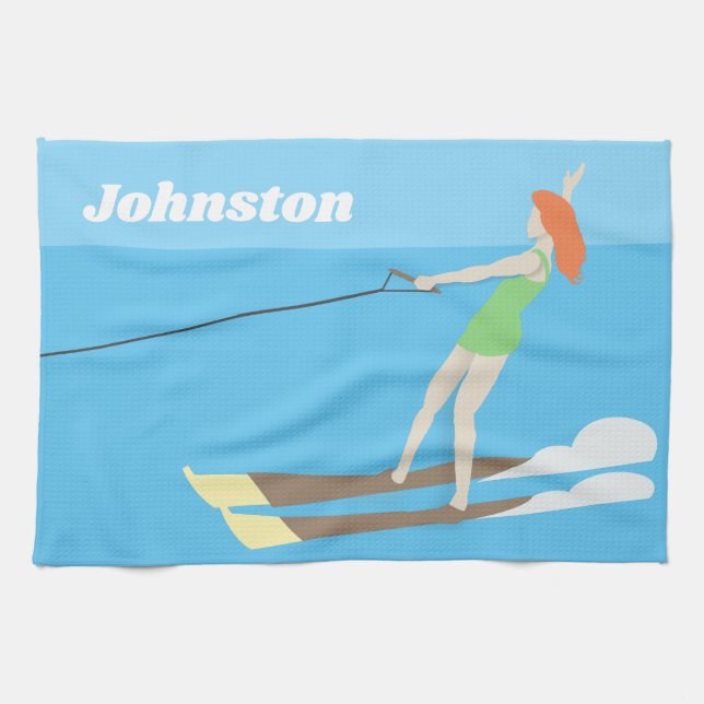 Vintage-style Waterski Tea Towel (Horizontal)