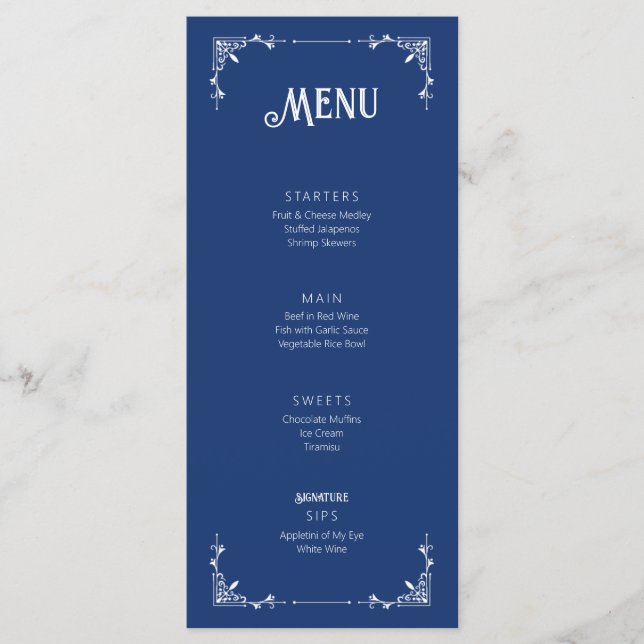 Vintage Style Wedding Event Menu Flat Card Blue (Front)