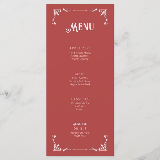 Vintage Style Wedding Event Menu Flat Card Mauve (Front)