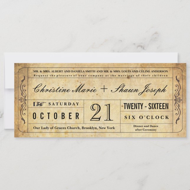 Vintage Style Wedding Ticket Invitation (Front)