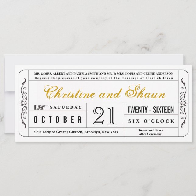 Vintage Style Wedding Ticket Invitation in Mustard (Front)