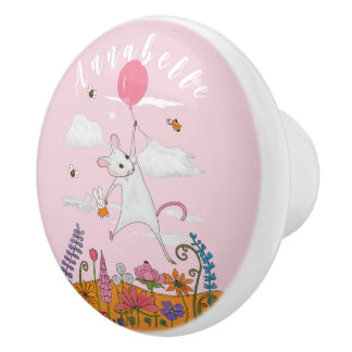VIntage style white mouse with balloon for baby Ceramic Knob