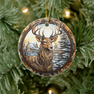Vintage Style Winter Deer Buck Christmas Holiday Ceramic Tree Decoration