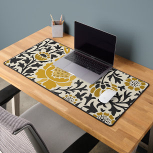 Vintage-style yellow and black floral pattern desk mat
