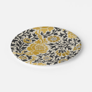 Vintage-style yellow and black floral pattern paper plate