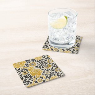 Vintage-style yellow and black floral pattern square paper coaster