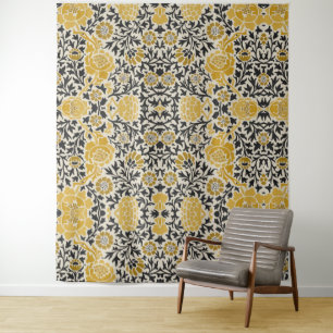 Vintage-style yellow and black floral  pattern tapestry