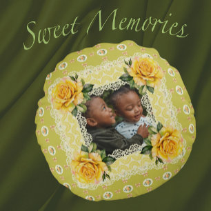 Vintage Style Yellow Rose Lace Green Memory Photo Round Cushion