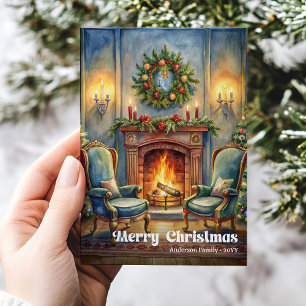 Vintage styled Christmas scene in rustic palette Holiday Card