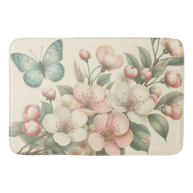 Vintage styled floral/spring butterfly bath mat (Front)