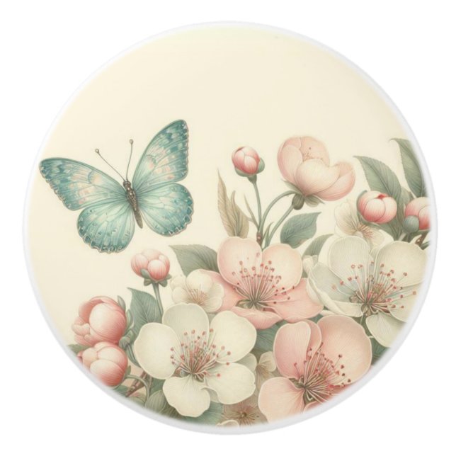 Vintage styled floral/spring butterfly ceramic knob (Front)