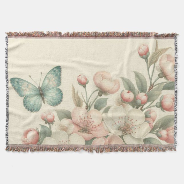 Vintage styled floral/spring butterfly throw blanket (Front)