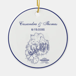 Vintage Stylised Mount Desert Island MN Map Blue Ceramic Tree Decoration