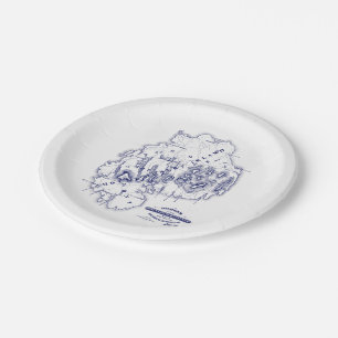 Vintage Stylised Mount Desert Island MN Map Blue Paper Plate