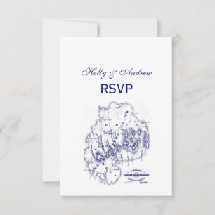 Vintage Stylised Mount Desert Island MN Map Blue RSVP Card