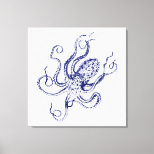 Vintage Stylised Octopus Drawing #1 Blue Canvas Print