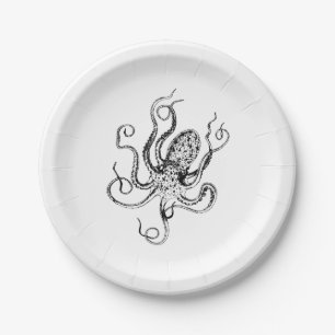 Vintage Stylised Octopus Drawing #1 Paper Plate