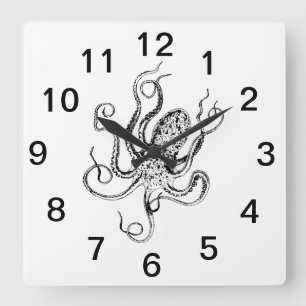 Vintage Stylised Octopus Drawing #1 Square Wall Clock