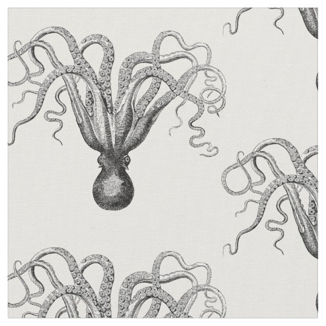 Vintage Stylised Octopus Drawing #8 Black Fabric (Close Up)