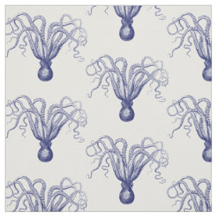 Vintage Stylised Octopus Drawing #8 Blue  Fabric