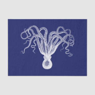 Vintage Stylised Octopus Drawing #8 White Blue bg Tissue Paper